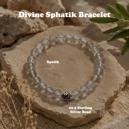 Lab Certified Divine Sphatik (Clear Quartz) gemstone bracelet with genuine 92.5 sterling silver bead, handcrafted natural crystal bracelet for men and women.