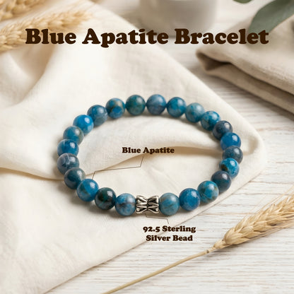 Lab Certified Blue Apatite gemstone bracelet with genuine 92.5 sterling silver bead, handcrafted natural gemstone bracelet for men and women.