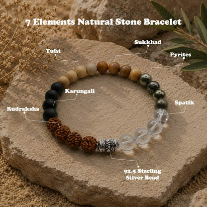 7 Elements Natural Stone Bracelet featuring Rudraksha, Tulsi, Karungali, Sukhad, Pyrite, Sphatik crystal and a 92.5 sterling silver bead, handcrafted spiritual bracelet for men and women.