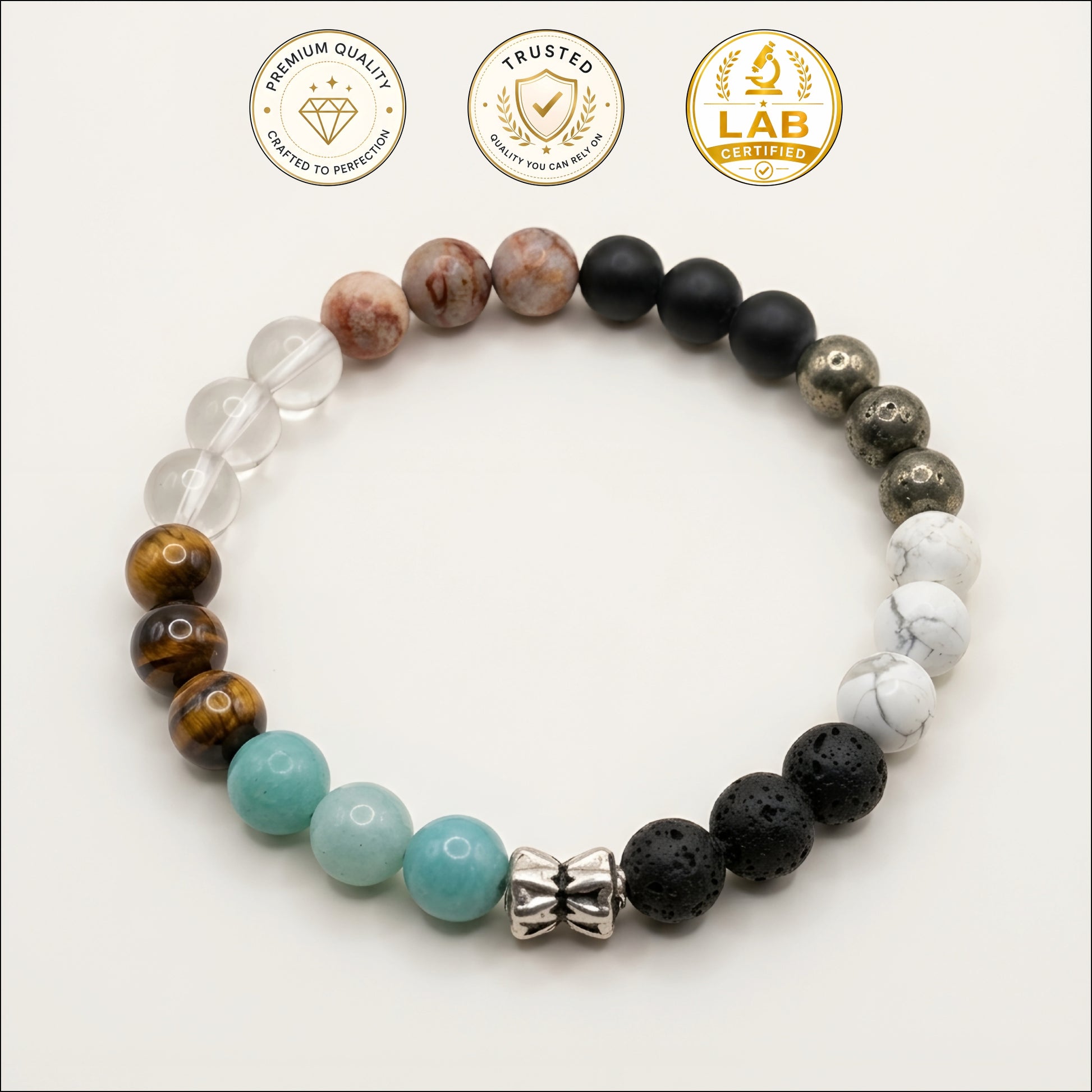 Harmony Eight Natural Multi Gemstone Bracelet featuring Tiger Eye, Clear Quartz, Amazonite, Lava Stone, Howlite, Pyrite and Black Onyx beads for men and women.