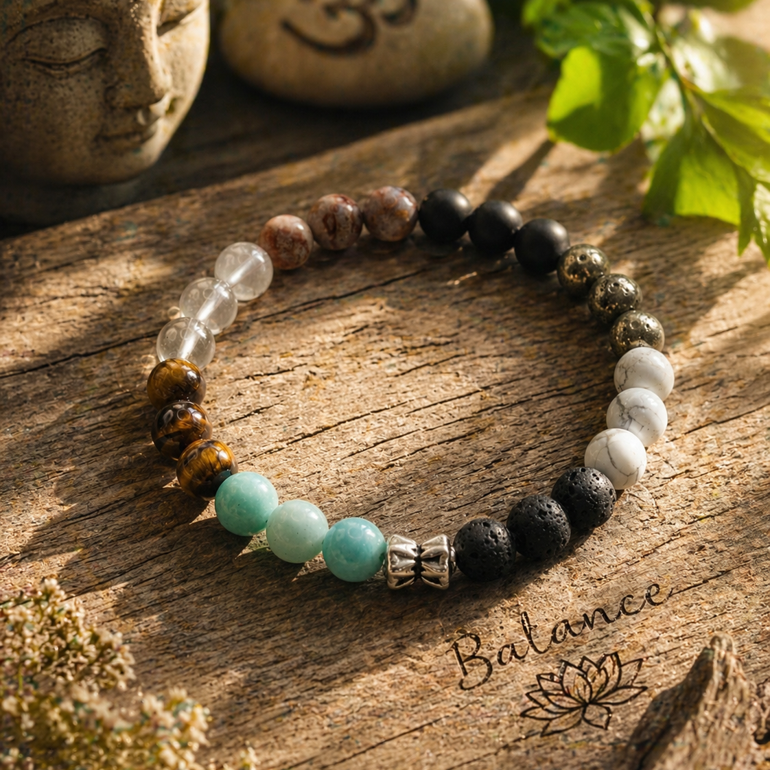 Harmony Eight Natural Multi Gemstone Bracelet featuring Tiger Eye, Clear Quartz, Amazonite, Lava Stone, Howlite, Pyrite and Black Onyx beads for men and women.