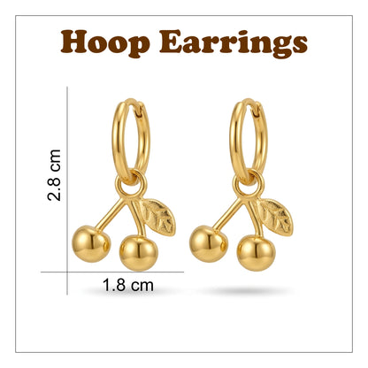 18 KT gold plated cherry hoop earrings for women with anti tarnish finish featuring cute cherry charm design