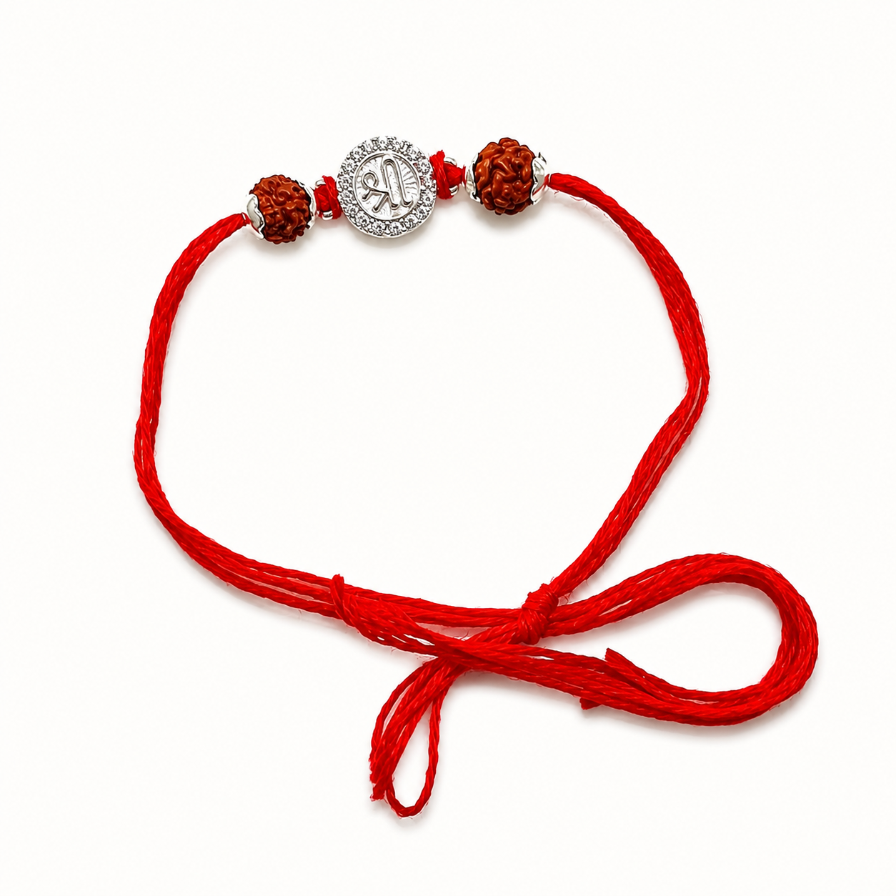 Silver Shree Rudraksha Rakhi featuring the sacred Shree symbol, original Rudraksha beads, and handcrafted red thread for Raksha Bandhan