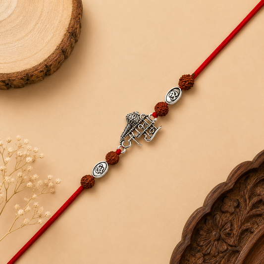 Silver Jai Shree Ram Gada Rakhi with original Rudraksha beads, Om motifs and red thread for brother