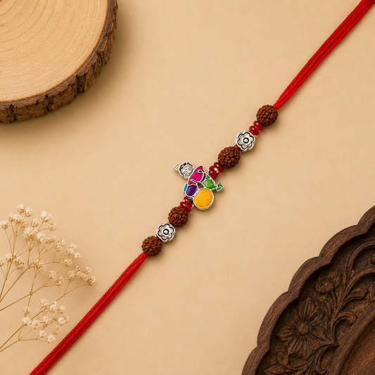 Sterling Silver Bal Krishna Rudraksha Rakhi with colourful enamel makhan matki design and red thread for brother