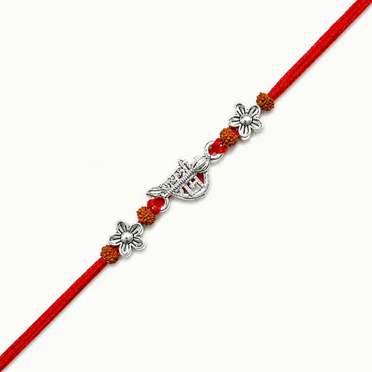 Silver Jai Shree Ram Rudraksha Rakhi with original Rudraksha beads, floral silver accents and handcrafted red thread for Raksha Bandhan