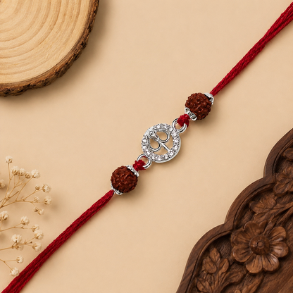 Silver Trishul stone Rakhi with original Rudraksha beads and red thread for brother on Raksha Bandhan