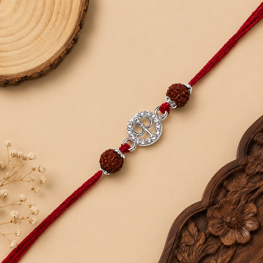 Silver Trishul stone Rakhi with original Rudraksha beads and red thread for brother on Raksha Bandhan