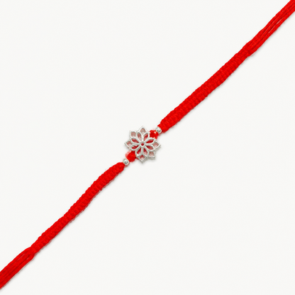 Silver Lotus Flower Rakhi with handcrafted red braided thread for Raksha Bandhan gift for brother