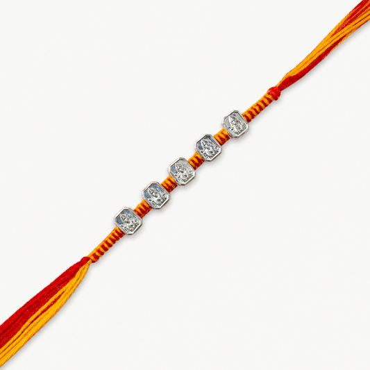 Silver Panch Shree Ram Rakhi featuring five Lord Ram silver charms on a handcrafted red and yellow braided thread for Raksha Bandhan