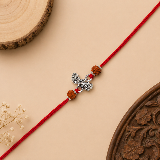 Silver Bal Hanuman Rakhi with original Rudraksha beads and red thread for brother on Raksha Bandhan