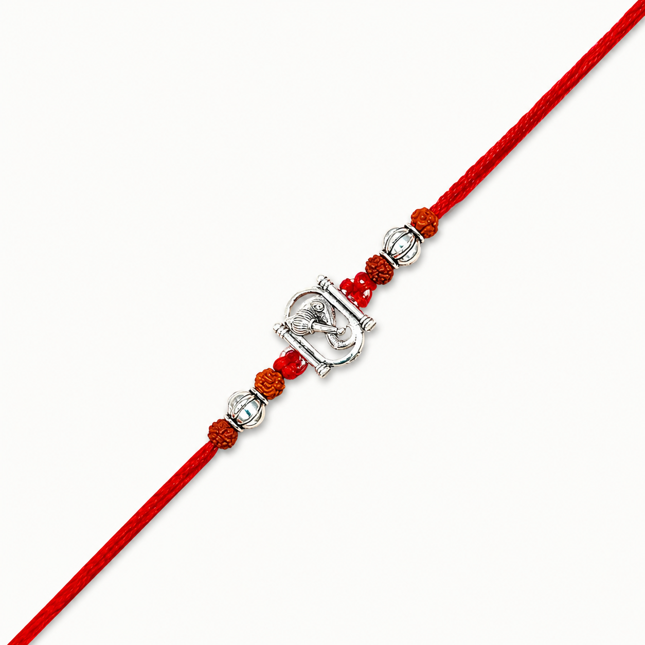 Silver Ganesh Rakhi with original Rudraksha beads and red thread for Raksha Bandhan gift