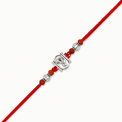 Silver Ganesh Rakhi with original Rudraksha beads and red thread for Raksha Bandhan gift