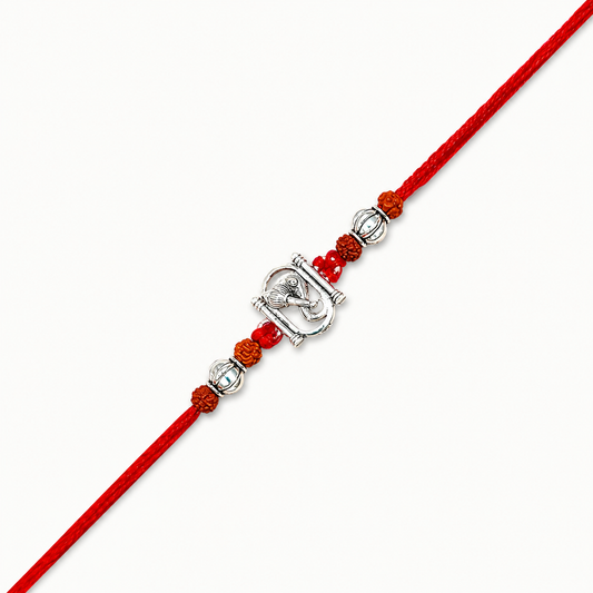 Silver Ganesh Rakhi with original Rudraksha beads and red thread for Raksha Bandhan gift