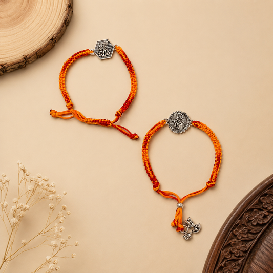 Sterling Silver Radha Krishna Bhaiya Bhabhi Couple Rakhi Set with orange red thread and matching lumba rakhi for Raksha Bandhan