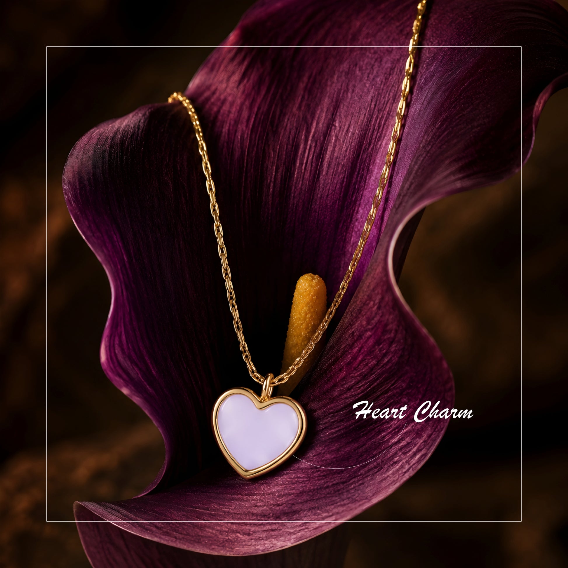 Lavender heart pendant necklace with a gold-tone chain, elegant minimalist daily wear jewellery for women.