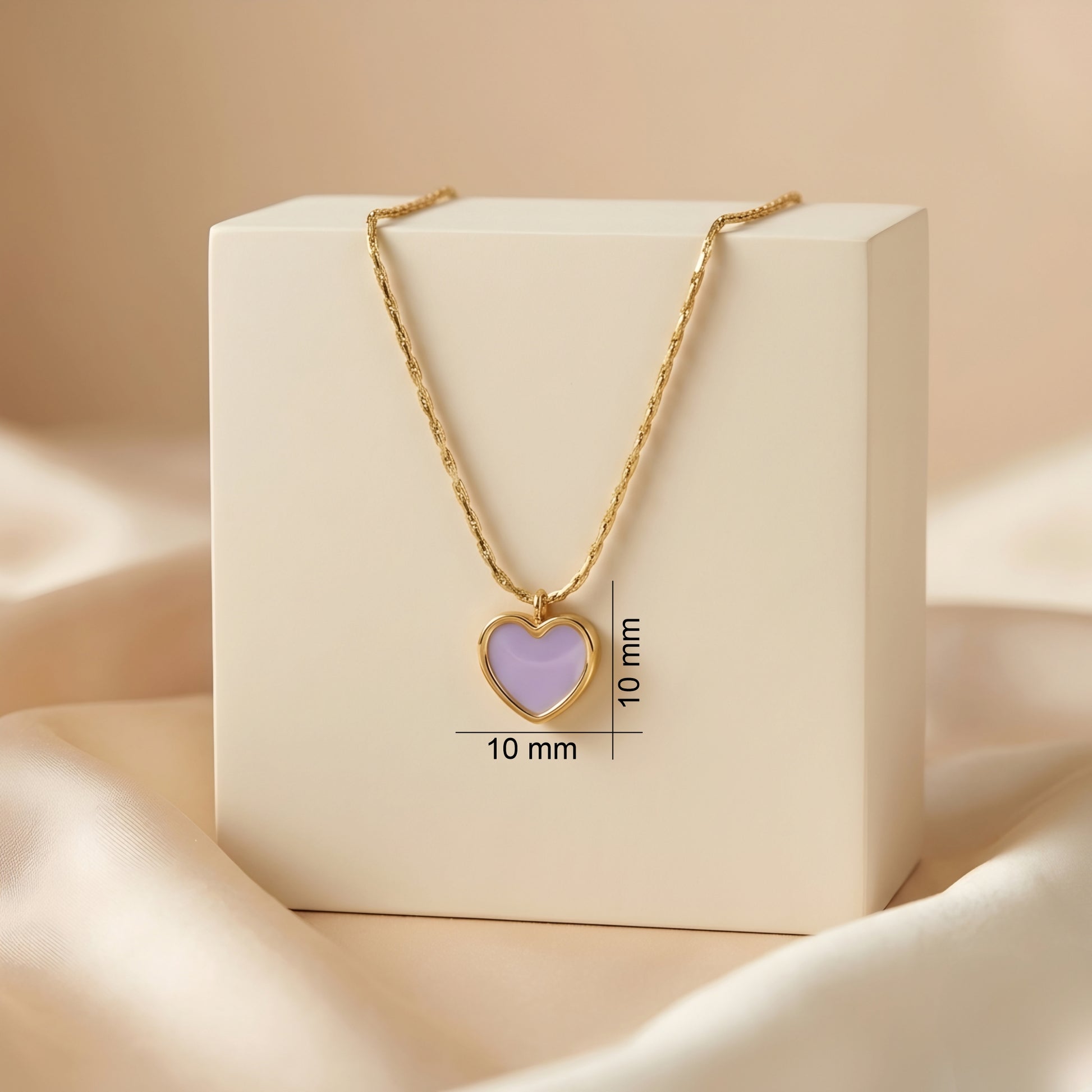 Lavender heart pendant necklace with a gold-tone chain, elegant minimalist daily wear jewellery for women.