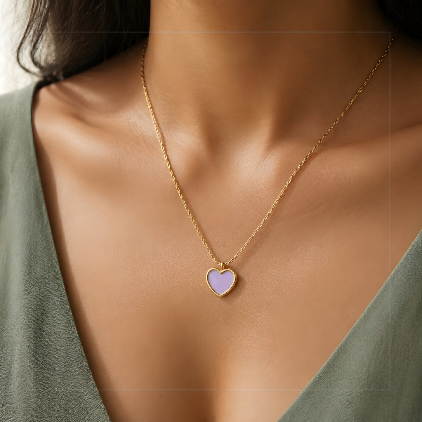 Lavender heart pendant necklace with a gold-tone chain, elegant minimalist daily wear jewellery for women.