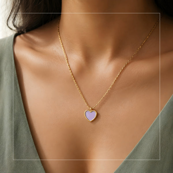 Lavender heart pendant necklace with a gold-tone chain, elegant minimalist daily wear jewellery for women.