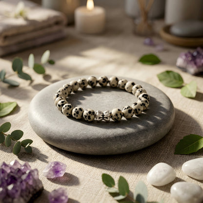 Natural Dalmatian Jasper bracelet featuring 8 mm cream and black speckled gemstone beads with a butterfly accent bead on a smooth stone background.